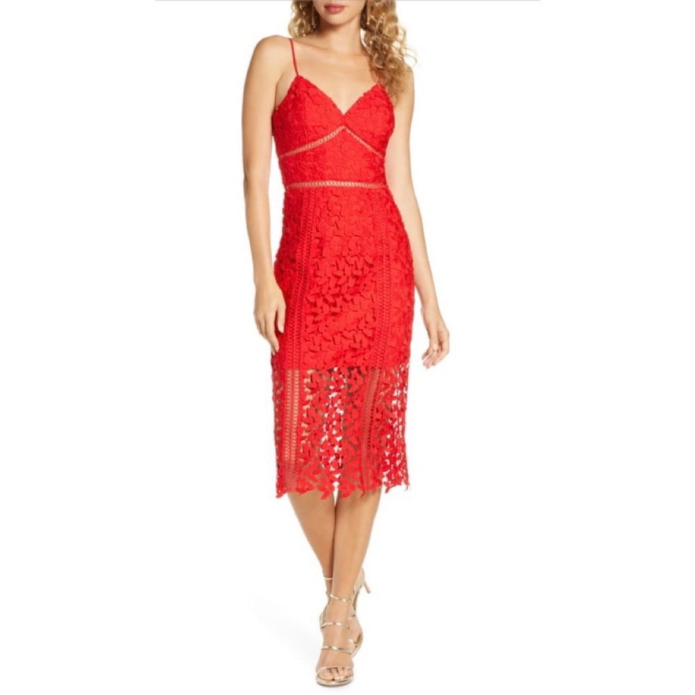 NEW Bardot Hot Red Roxy Lace Sweetheart Neck Strappy Midi Cocktail Party Dress